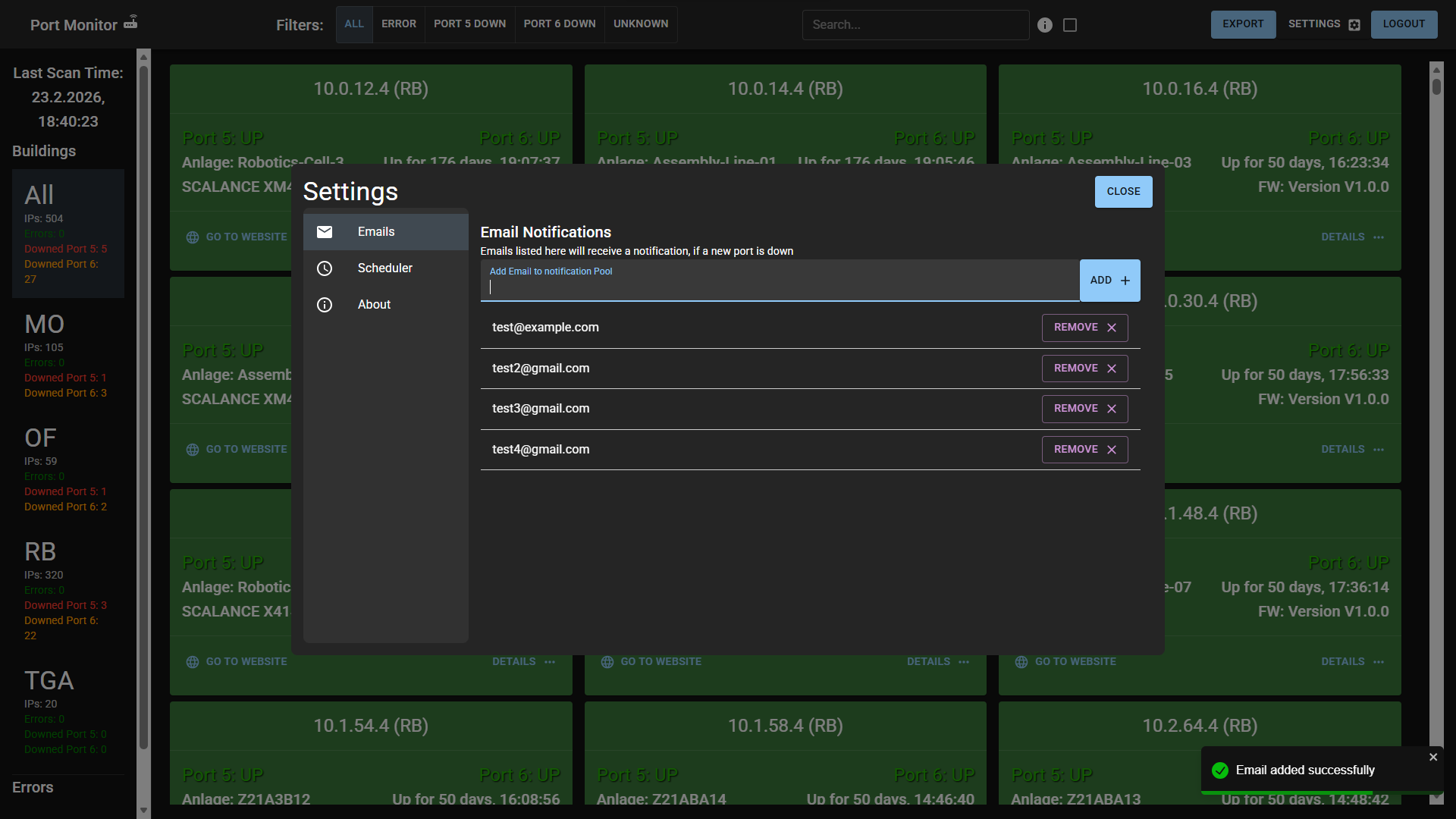 Settings panel for recipient management and scheduler control